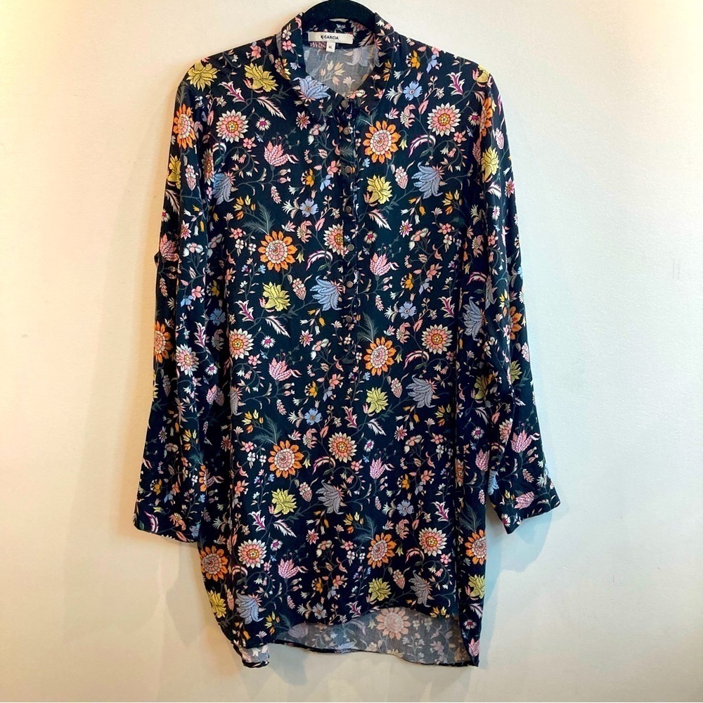 GARCIA Sz XL Long Line Half Button 100% Viscose Long Sleeve Floral Tunic Blouse